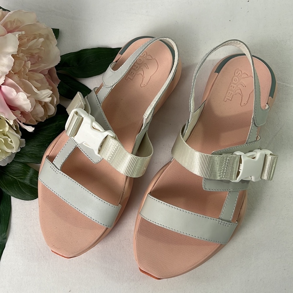 NWOB Sorel Sea Salt & Peach Blossom Leather Kinetic Impact Sling Sandal Size 9 - Picture 2 of 7